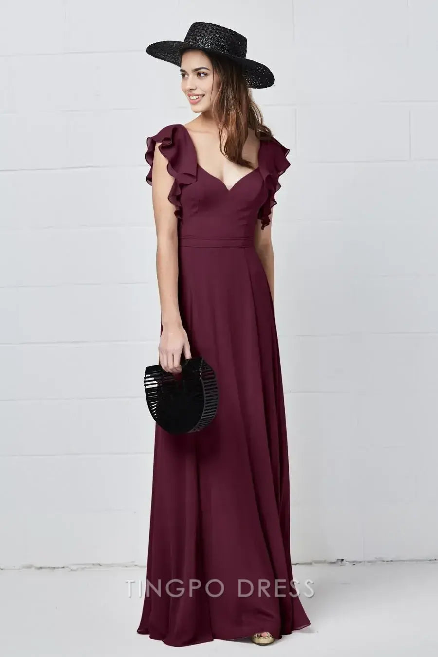 TingPo Wholesale Elegant Burgundy Sweetheart Neck Dress - Ruffled Short Sleeve Maxi Evening Gown